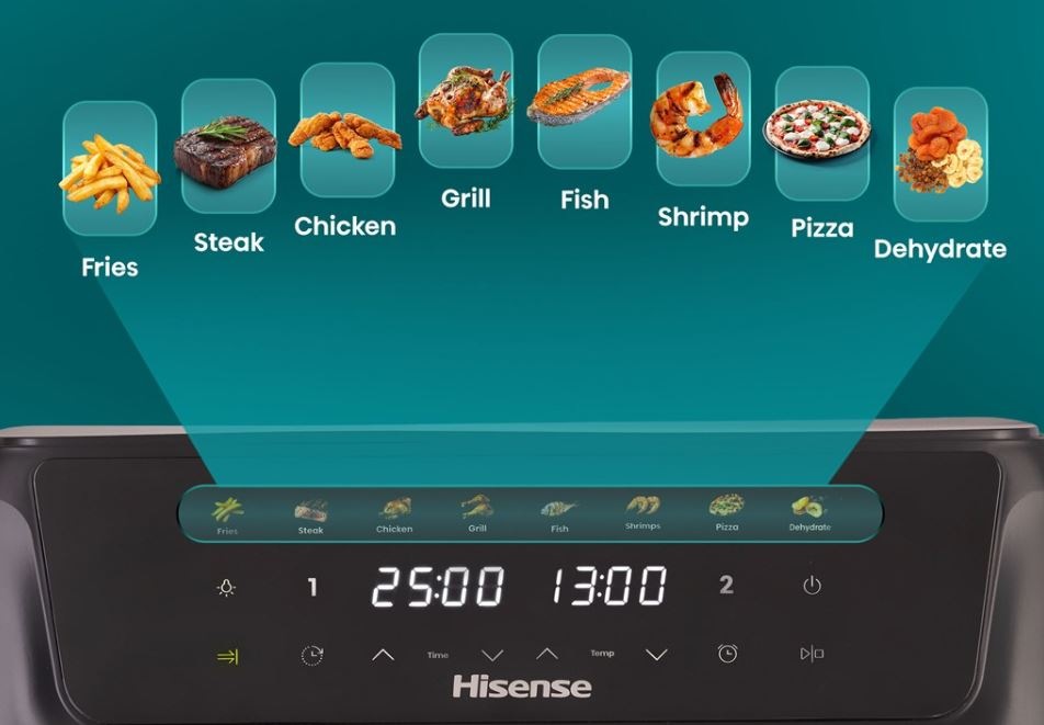 Fritéza horkovzdušná Hisense HAF2700DCD černá detailní zobrazení 8 přednastavených programů pro horkovzdušnou fritézu Hisense