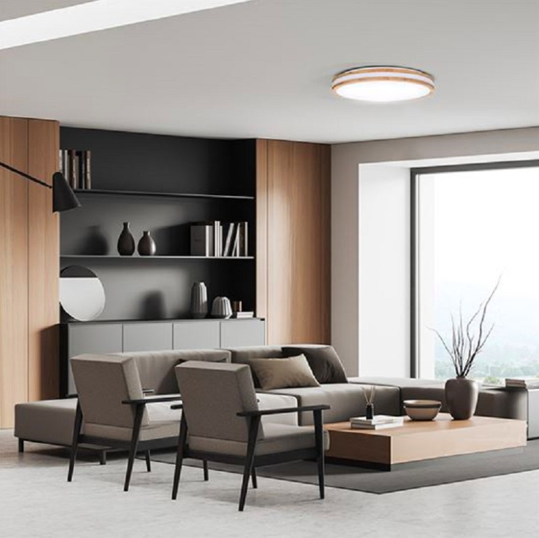 Stropní svítidlo Solight WO8008 s dubovým dekorem v moderním obývacím pokoji