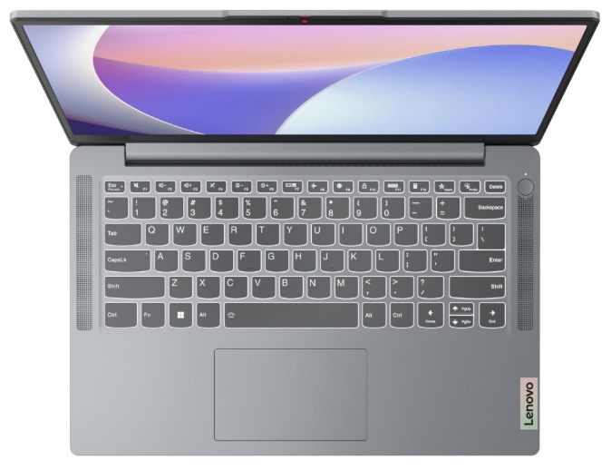 Pohled shora na klávesnici, touchpad a otevřený displej notebooku Lenovo IdeaPad Slim 3 14AMN8