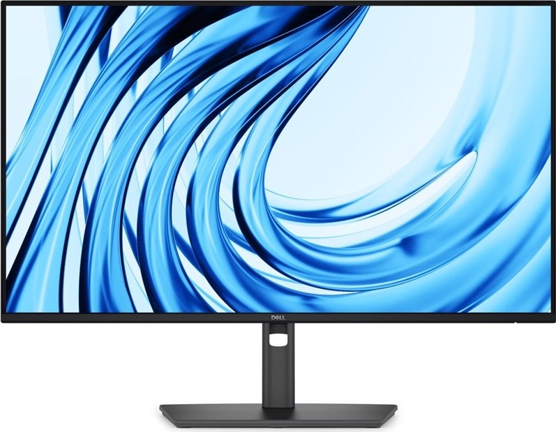 Čelní pohled na šedý monitor Dell Pro P2726H s tenkými rámečky, centrálním stojanem s otvorem pro kabely a širokou obdélníkovou základnou.