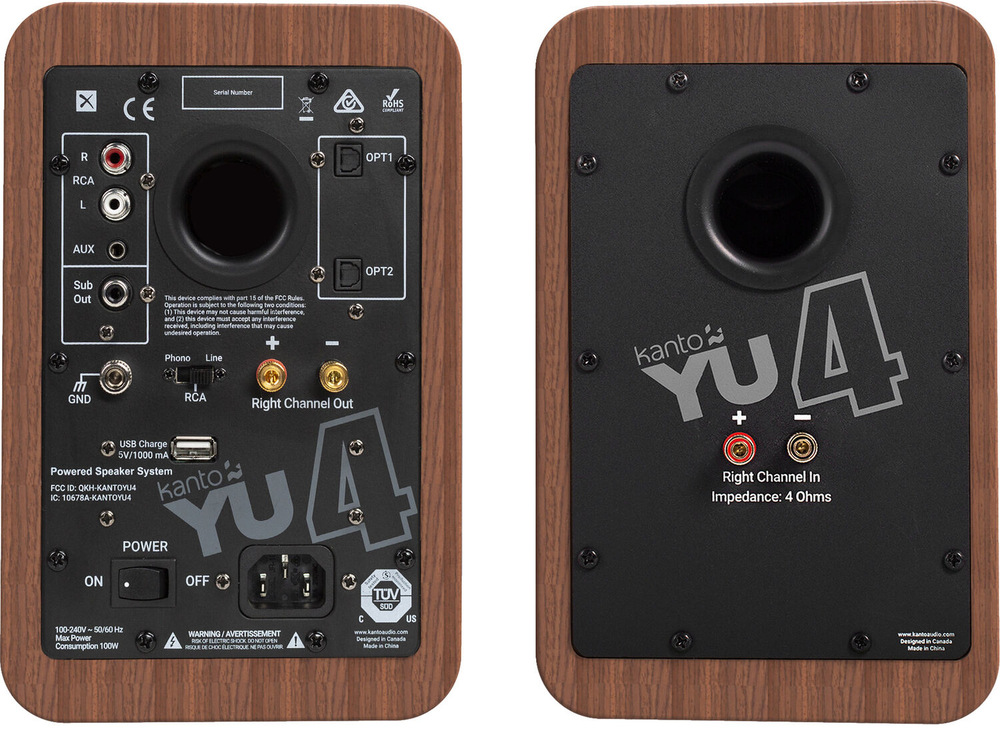 Reproduktory Kanto YU4 (2 ks) hnědé Zadní panel reproduktorů Kanto YU4 s konektory RCA, AUX a optickým vstupem.