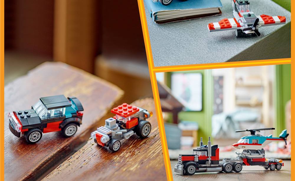 Stavebnice LEGO® Creator 3 v 1 31146 Náklaďák s plochou korbou a helikoptéra Řada LEGO Creator 3 v 1 nabízí tři dvojice vozidel, které lze ze stejných kostek postupně přestavovat.