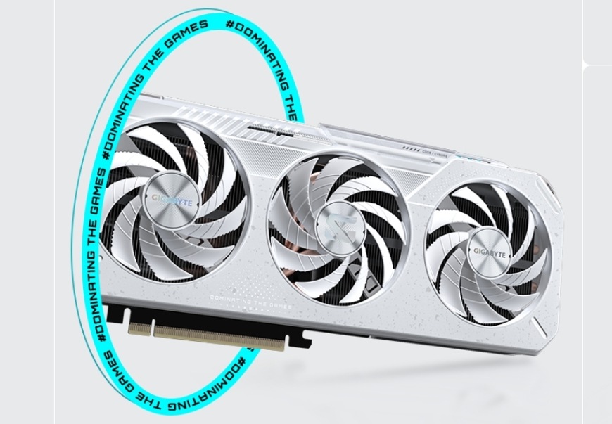 Lifestyle snímek grafické karty GIGABYTE Radeon RX 9060 XT Gaming OC ICE ve futuristickém prostředí