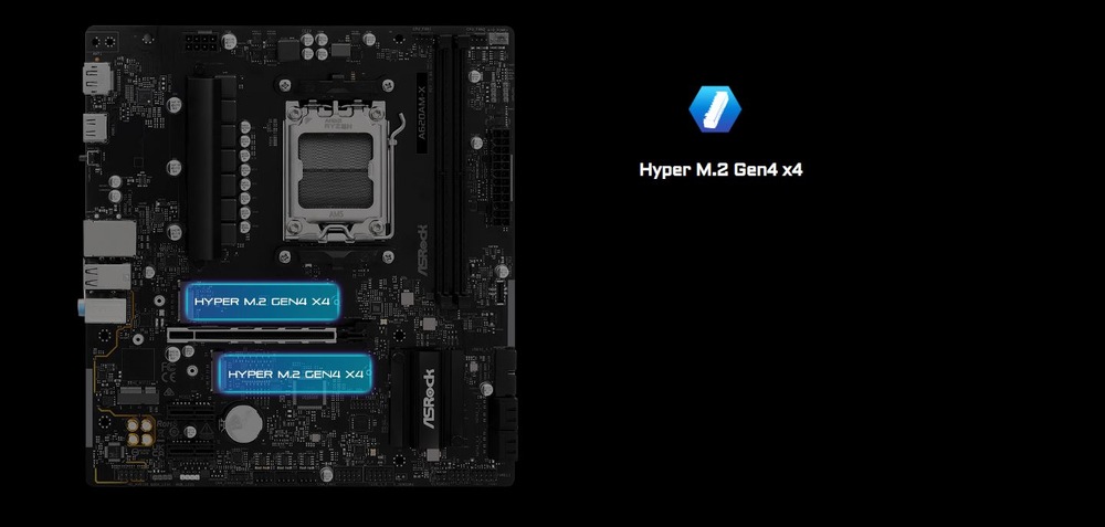 Základní deska ASRock A620AM-X černá Základní deska ASRock s označenými sloty Hyper M.2 a Ultra M.2 SSD na černém pozadí.