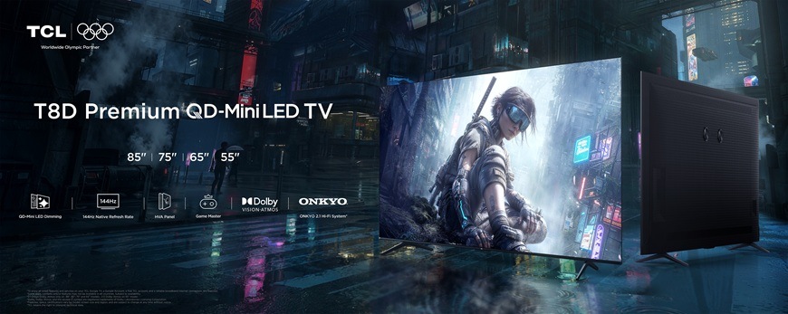 Televize TCL 65T8D Televize TCL 65T8D s QD Mini LED obrazovkou zobrazuje detailní herní scénu s vysokým kontrastem, plynulým 144Hz obrazem a moderním bezrámečkovým designem.
