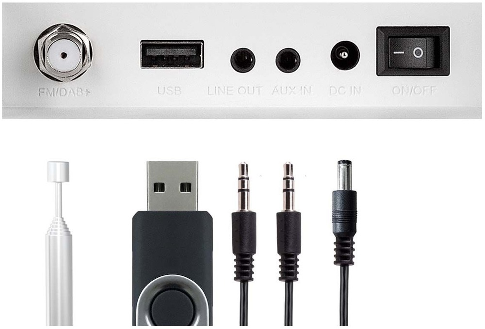 Internetový radiopřijímač s DAB+ Imperial DABMAN i460 stříbrný/bílý Detail konektorů a příslušenství rádia Imperial DABMAN i460 – USB, Line Out, AUX, anténa.