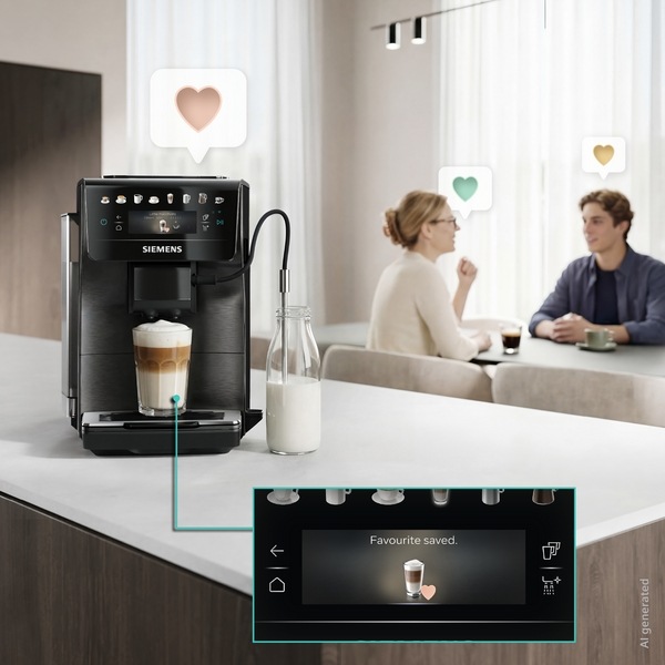 Příprava latte cafe v kávovaru Siemens, značka srdička jako funkce Oblíbené, v pozadí pár u stolu