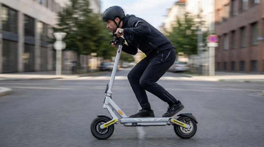 Elektrická koloběžka Sencor SCOOTER S71 DARK černá/šedá Jezdec na elektrické koloběžce Sencor SCOOTER S71 DARK projíždí městskou komunikací.