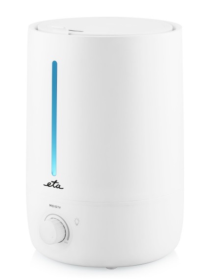 Natočený pohled na bílý zvlhčovač vzduchu ETA Moisty 3629 90000 se zapnutým osvětlením