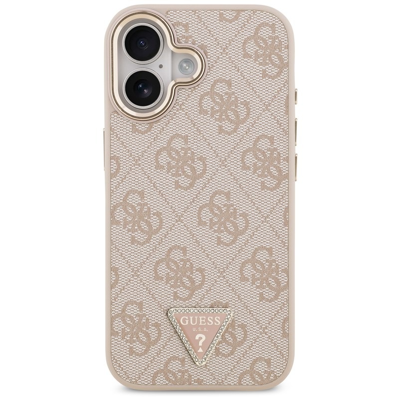 Kryt na mobil Guess PU Leather 4G Triangle Logo Gold Frame MagSafe na Apple iPhone 17 - růžový