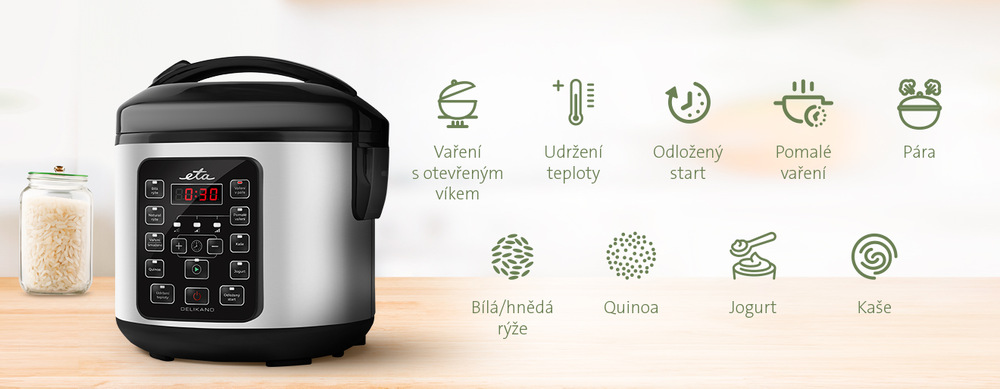 Multifunkční rýžovar ETA Delikano s digitálním displejem a funkcemi: vaření s otevřeným víkem, udržení teploty, odložený start, pomalé vaření, pára, jogurt, kaše a příprava quinoa či rýže