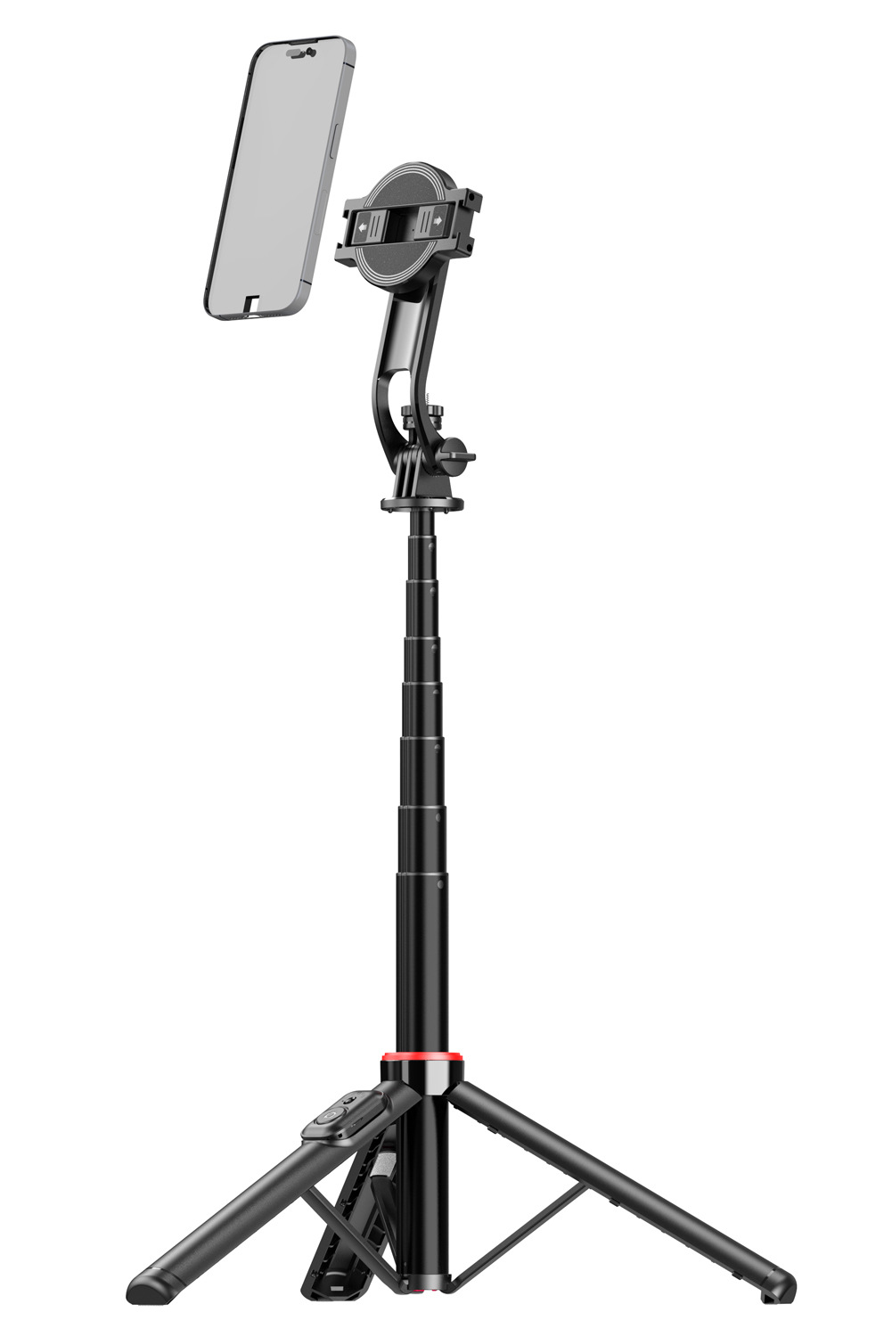 Selfie tyč GoGEN 7 teleskopická, bluetooth, 2v1 klasický + magsafe držák černá Selfie tyč GoGEN 7 rozložená jako tripod na zemi. Na držáku je připevněn telefon zobrazující na displeji skupinovou fotografii dvou usmívajících se žen. Na noze stativu je připevněna dálková spoušť.