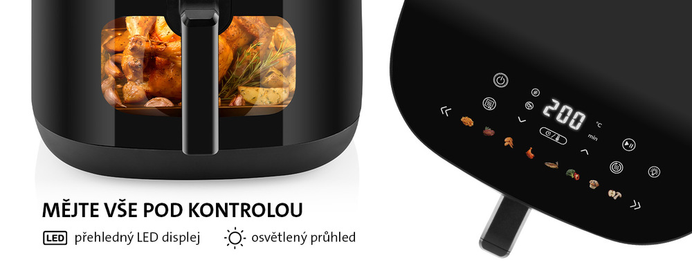 Fritéza horkovzdušná ETA Fritta Opti 0167 90000 černá Ukázka osvětleného průhledu s pečeným kuřetem a dotykového LED displeje horkovzdušné fritézy ETA Fritta Opti