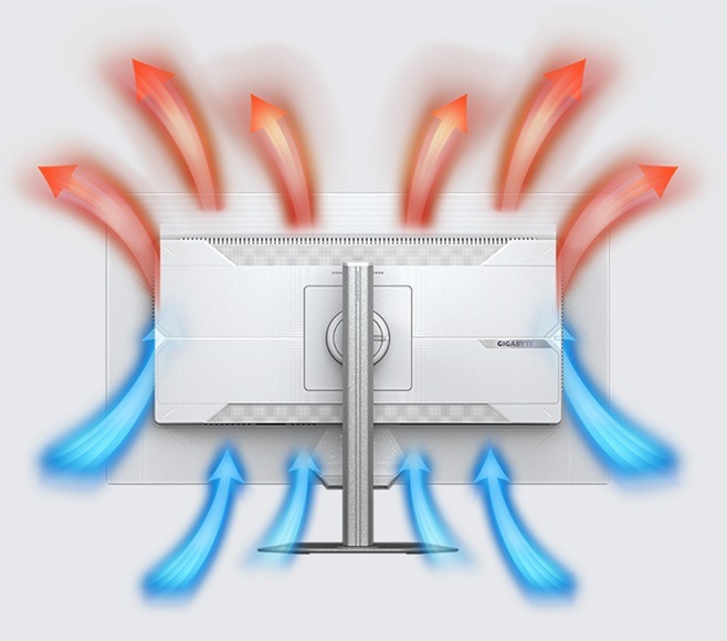 Herní monitor GIGABYTE M27UP-ICE bílý Detail obrázku znázorňující systém ventilace.