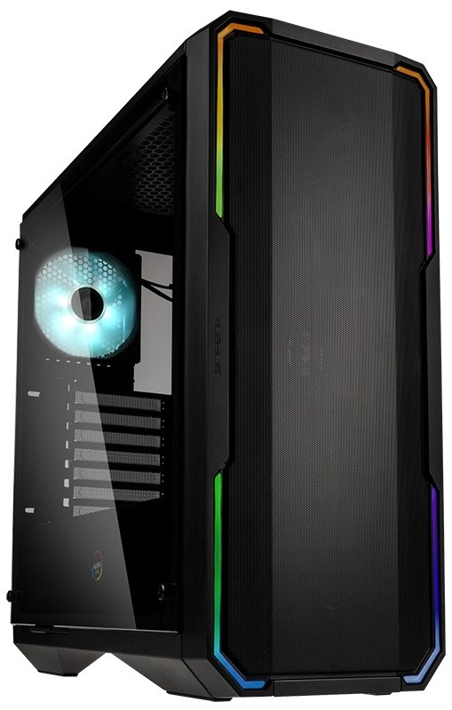 Pohled na skříň přes levý přední roh, vidíme vnitřek skříně se ventilátorem RGB. Rovněž vidíme mřížky větrání vzadu a dekorační linky na předku skříně.