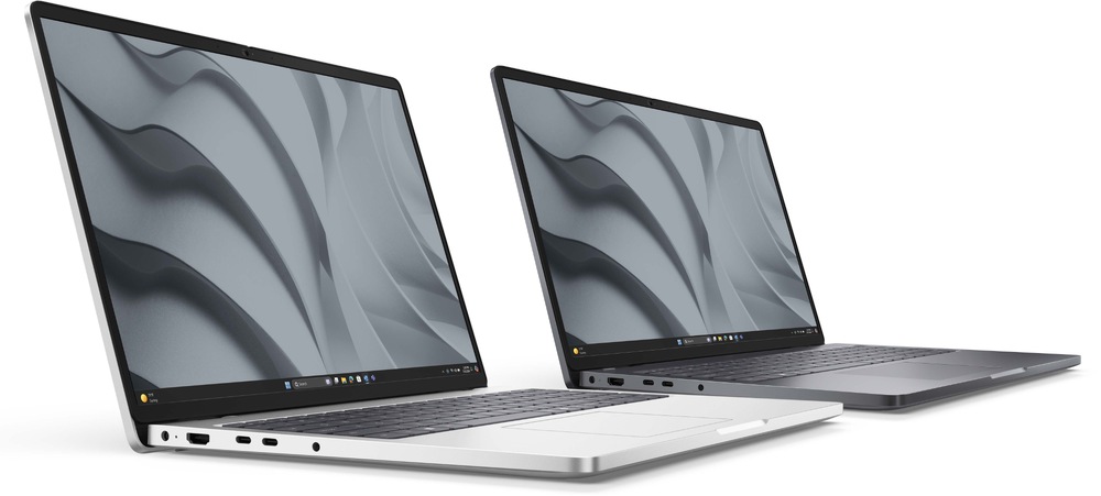 Notebook Dell Pro 16 PC16255 šedý Dva elegantní notebooky v bočním pohledu, jeden stříbrný a jeden tmavě šedý, s abstraktními vlnitými vzory na obrazovkách, které navozují moderní a profesionální dojem.