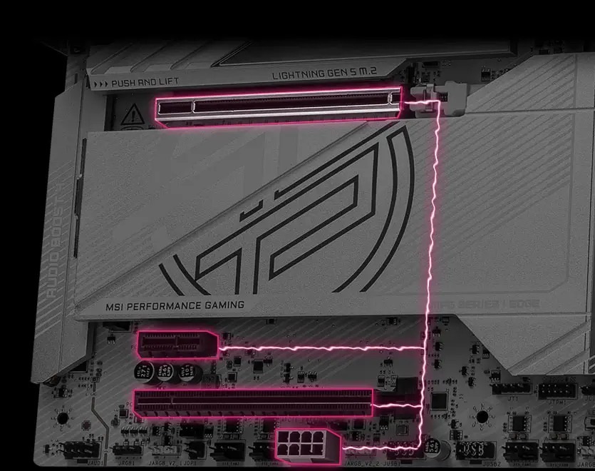 Detailní záběr základní desky MSI s osvětlenými sloty a porty v růžové barvě, zdůrazňující herní výkon.