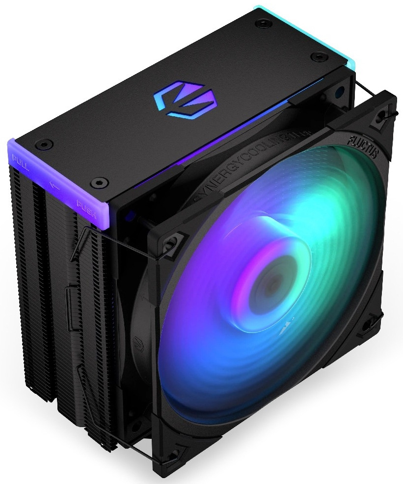 Chladič CPU ENDORFY Fera 5 Black ARGB Na obrázku je chladič CPU ENDORFY Fera 5 Black ARGB – věžový vzduchový chladič pro procesor. Vpředu je velký ventilátor, který na fotce svítí duhovými barvami (ARGB) a vytváří kruhový světelný efekt. Za ventilátorem je vysoký blok černých kovových žeber (radiátor), který odvádí teplo. Nahoře je plochý černý kryt s logem, kolem jeho okrajů také prosvítá tenká barevná linka podsvícení. Celé zařízení působí jako kompaktní černá „věž“ s barevně svítícím čelem.