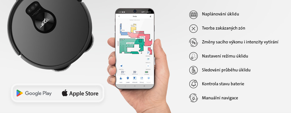 Robotický vysavač ETA Leone 2 PRO 6254 90000 šedý Infografika k chytré mobilní aplikaci ETA SMART pro robotický vysavač ETA Leone 2. Na obrázku je zobrazen detail černého vysavače, loga Google Play a Apple Store pro stažení aplikace a ruka držící chytrý telefon s barevnou mapou bytu. V pravé části je seznam funkcí aplikace s ikonami: Naplánování úklidu, Tvorba zakázaných zón, Změny sacího výkonu i intenzity vytírání, Nastavení režimu úklidu, Sledování průběhu úklidu, Kontrola stavu baterie a Manuální navigace.