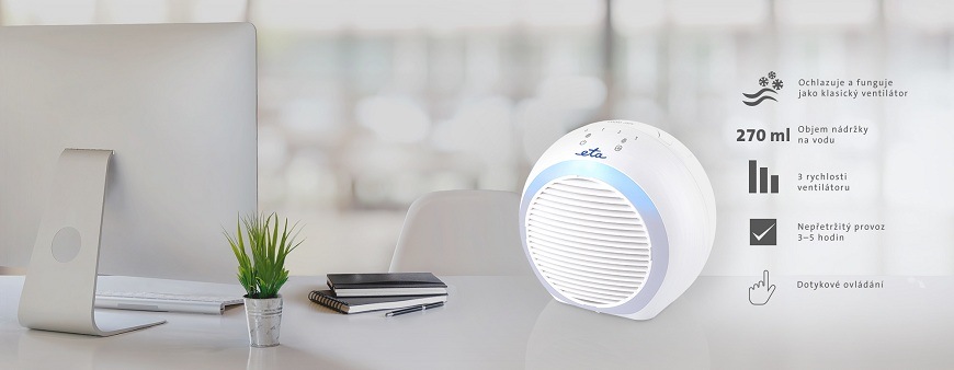 Ochlazovač vzduchu ETA Coolio Mini 1568 90000 bílý Přehled funkcí ochlazovače vzduchu ETA Coolio Mini: nádržka 270 ml, 3 rychlosti, dotykové ovládání a výdrž až 5 hodin