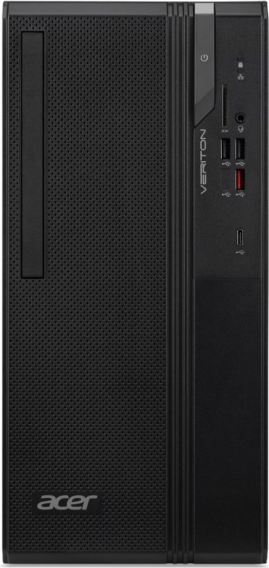Na obrázku je stolní počítač Acer Veriton S2735G z čelního pohledu. Černá skříň má velký perforovaný přední panel s logem Acer ve spodní části a úzkou svislou mechaniku vlevo. Vpravo je ovládací panel s tlačítkem napájení, čtečkou karet, audio konektorem a několika USB porty včetně USB-C.
