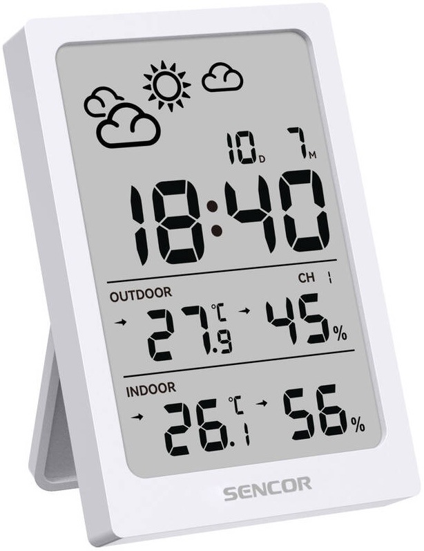 Detailní pohled z boku na bílou meteostanici Sencor s vyklopeným stojánkem.
