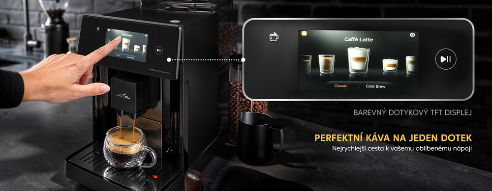 Ovládání kávovaru ETA Ristello Maestro pomocí barevného dotykového TFT displeje s vývěrem nápojů Caffe Latte a Cold Brew