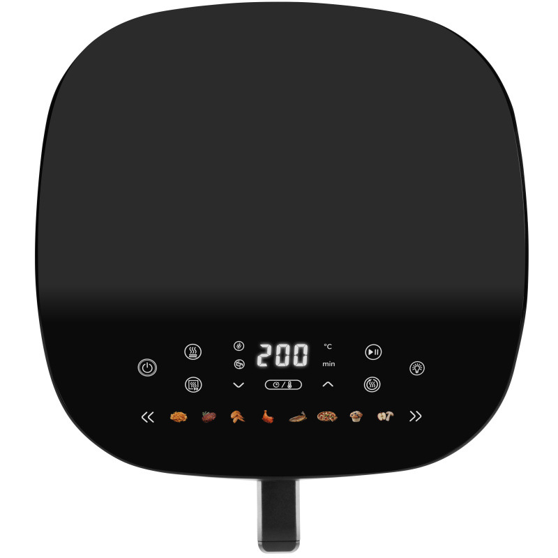 Fritéza horkovzdušná ETA Fritta Grill Max 6167 90000 černá Detail horního dotykového LED displeje teplovzdušné fritézy ETA Fritta Grill Max s ikonami přednastavených programů a nastavením teploty.