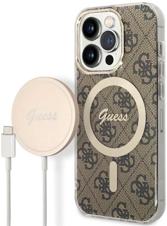Kryt na mobil Guess 4G MagSafe na Apple iPhone 14 Pro + bezdrátová nabíječka hnědý