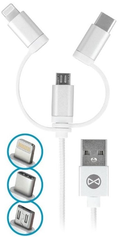 Kabel Forever 3v1, USB/Micro USB + Lightning + USB-C, 1m - bílý