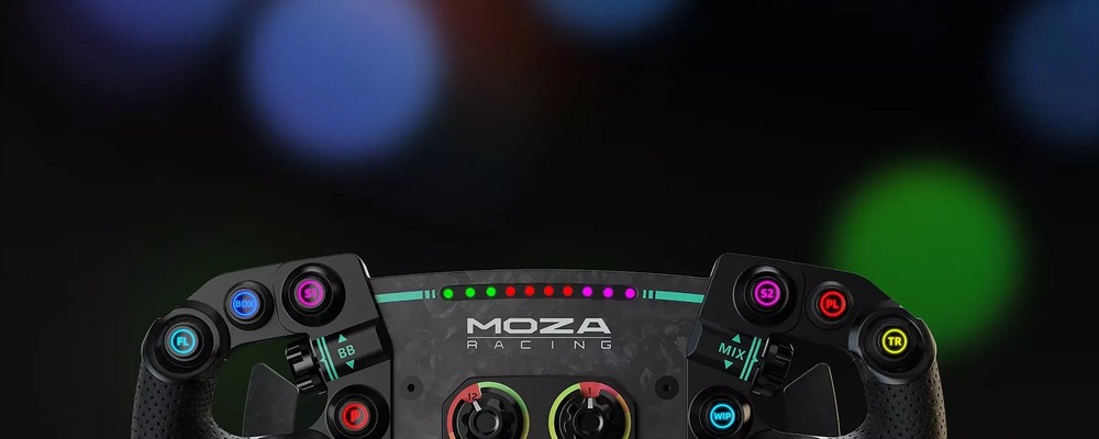 Volant Moza Racing GS V2P (PC) černý Detailní záběr na 10 RGB LED diod sekvenčního řazení s rozostřeným pozadím s kužely světel.
