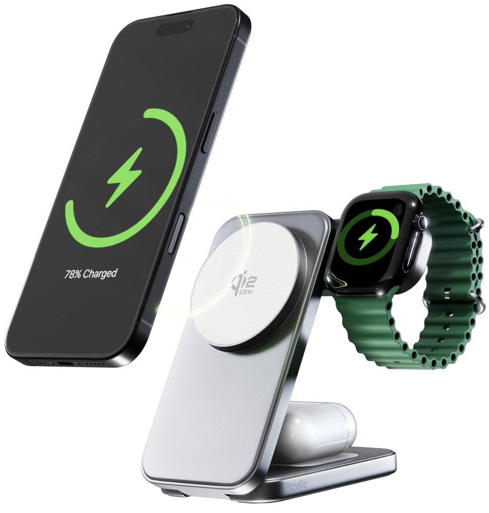 Detail magnetické Qi2 25W nabíjecí plochy na hliníkovém stojánku Spello ForceBase SF50b