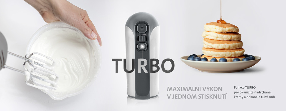 Infografika ručního šlehače ETA Crema III zdůrazňující tlačítko TURBO. Vlevo ruka šlehající tuhý bílý sníh, vpravo talíř s nadýchanými lívanci a borůvkami. Text: Maximální výkon v jednom stisknutí – funkce TURBO pro nadýchané krémy a tuhý sníh