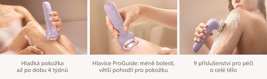 Koláž funkcí epilátoru Philips BRE728/00 ve fialové barvě zobrazující epilaci nohou, použití hlavice ProGuide pro šetrnější odstranění chloupků a příslušenství pro péči o celé tělo.