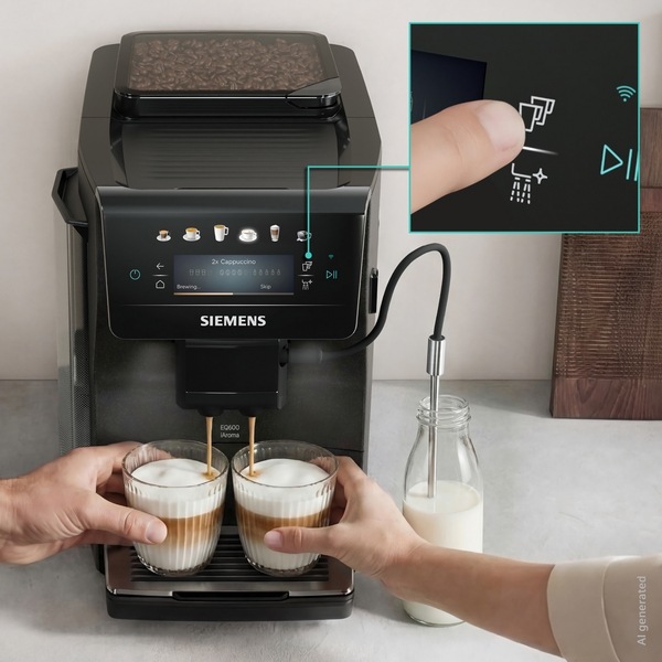 Automatický kávovar Siemens EQ600 iAroma TP601E19 černý Dvě kávové speciality připravené v kávovaru Siemens TP601E19