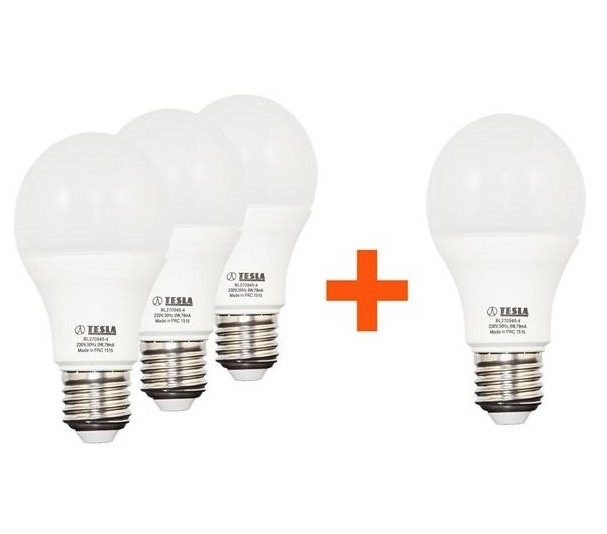 Žárovka LED Tesla SADA 3 + 1 LED Žárovek Tesla klasik, 9W, E27, studená bílá