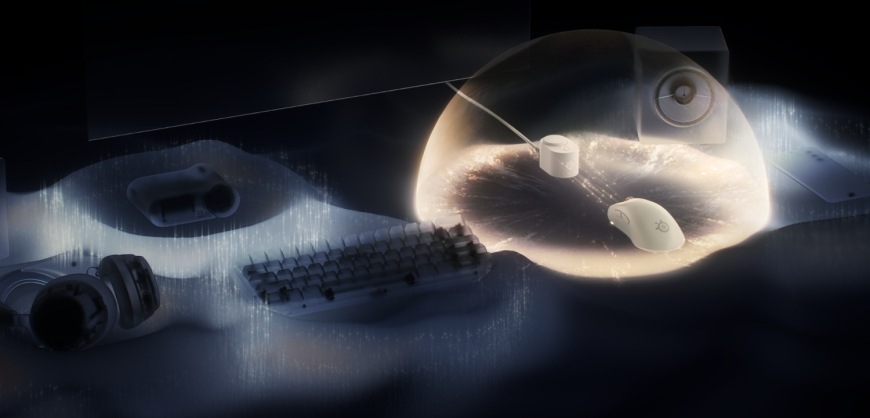 Myš SteelSeries Rival Pro WL Mini černá Vizualizace připojení UWB se světelnou kopulí nad myší a základnou na herním stole