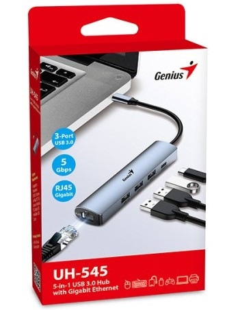 USB Hub Genius UH-545, USB-C/3x USB 3.0, 1x USB-C, 1x RJ-45 šedý USB Hub Genius UH-545, USB-C/3x USB 3.0, 1x USB-C, 1x RJ-45 - šedý