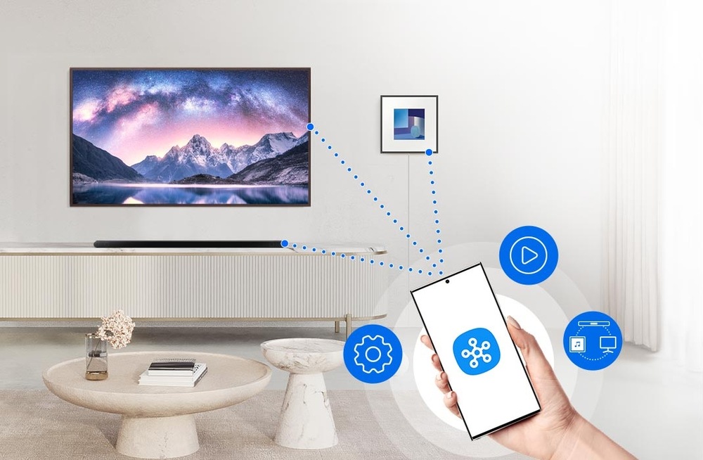 Samsung HW-S801D leží na stolku pod televizí, v popředí je lidská ruka držící telefon s aplikací SmartThings na displeji, telefon je tečkovanými čarami spojený s televizí, soundbarem a reproduktorem Music Frame