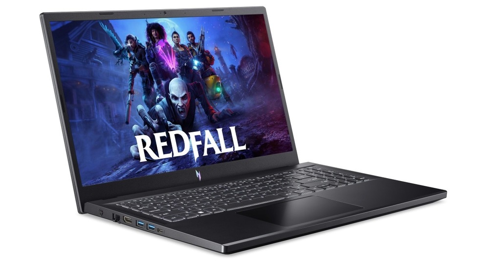 Notebook Acer Nitro V 15 (ANV15-41-R7DV) černý Otevřený a zapnutý notebook Acer Nitro V 15 otočený doprava