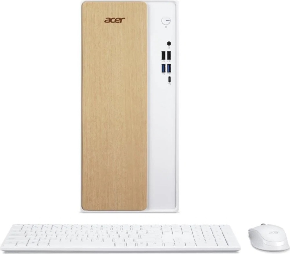 Na obrázku je stolní počítač Acer Aspire TC-102 i3-14100 v bílém provedení společně s bílou klávesnicí a myší. Skříň má vysoký hranatý tvar a přední panel s dekorem světlého dřeva a logem Acer. Na pravé straně čelního panelu je tlačítko napájení, 3,5mm audio konektor, čtyři porty USB-A a jeden port USB-C. Před počítačem leží plnohodnotná klávesnice s numerickou částí a vpravo kompaktní myš.