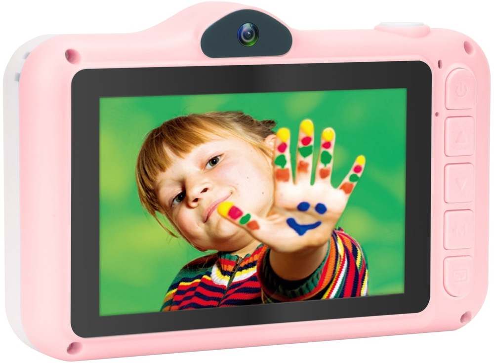 Digitální fotoaparát AgfaPhoto Realikids Cam 2 růžový Dětský fotoaparát AgfaPhoto Realikids Cam 2 s displejem a fotografií dítěte.