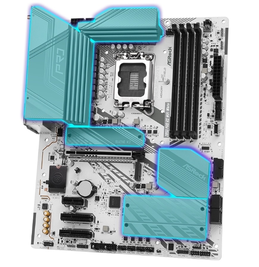 Přehled pasivního chlazení VRM, čipsetu a M.2 slotů na základní desce ASRock Z890 PRO RS WIFI WHITE