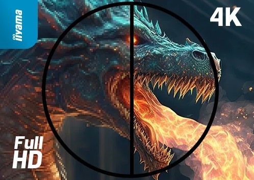 Obrázek srovnávající Full HD rozlišení vs. 4K monitoru IIYAMA G-Master G4380UHSU-B2 42,5"