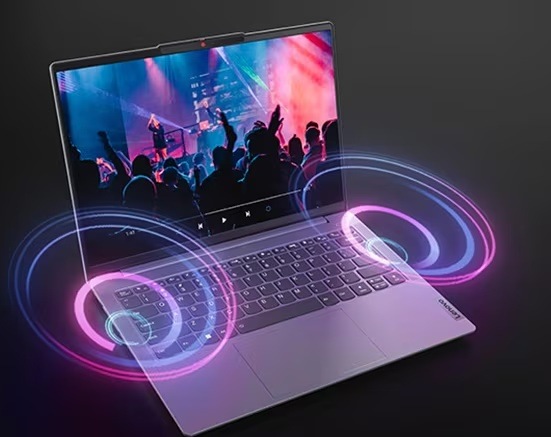 Notebook Lenovo IdeaPad Slim 5 16AHP11 modrý Laptop Lenovo IdeaPad Slim 5 s videem z koncertu a ilustrací umístění reproduktorů