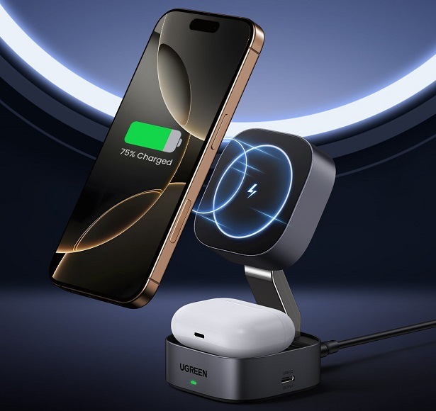 Bezdrátová nabíječka UGREEN Qi2 7,5W na Apple iPhone a AirPods černá/šedá Bezdrátová nabíječka UGREEN Qi2 7,5W na Apple iPhone a AirPods černá/šedá