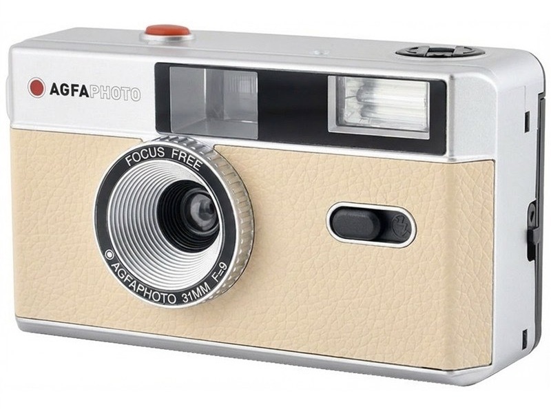 Analogový fotoaparát AgfaPhoto s vestavěným bleskem, béžová barva