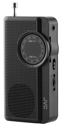 Kapesní černé rádio JVC RA-E311B ve vertikálním provedení s teleskopickou anténou a kruhovým voličem ladění na bílém pozadí