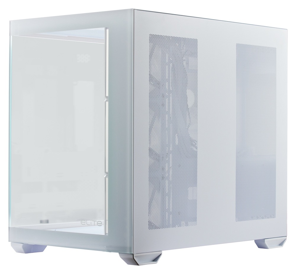 Case Cooler Master WakeUp Elite 681 bílá Pohled na PC skříň z úhlu. Zachycuje pohled přes zadní stěnu a částečně i přes prosklené čelo skříně.