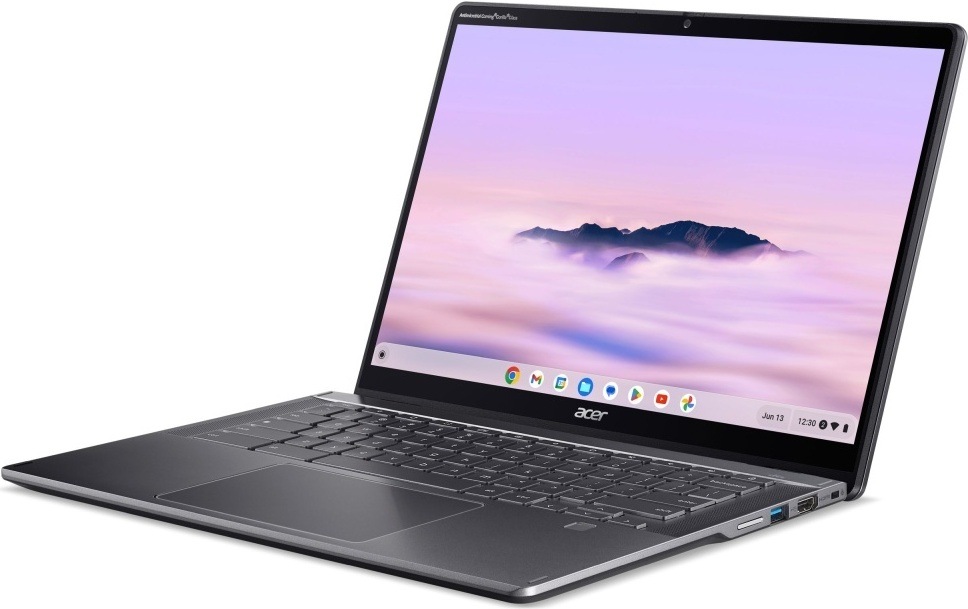 Notebook Acer Chromebook Plus Spin 514 (CP514-4HN-374W) šedý Pohled šikmo ze strany na notebook Acer Chromebook Plus Spin 514 s rychlým chodem a kvalitní ochranou